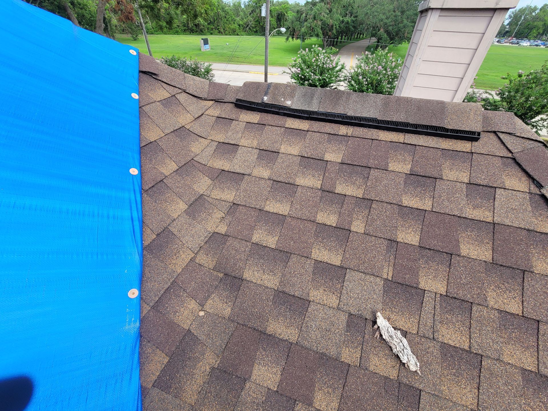Damaged shingle roof beside blue tarp, with a small debris piece on the roof.