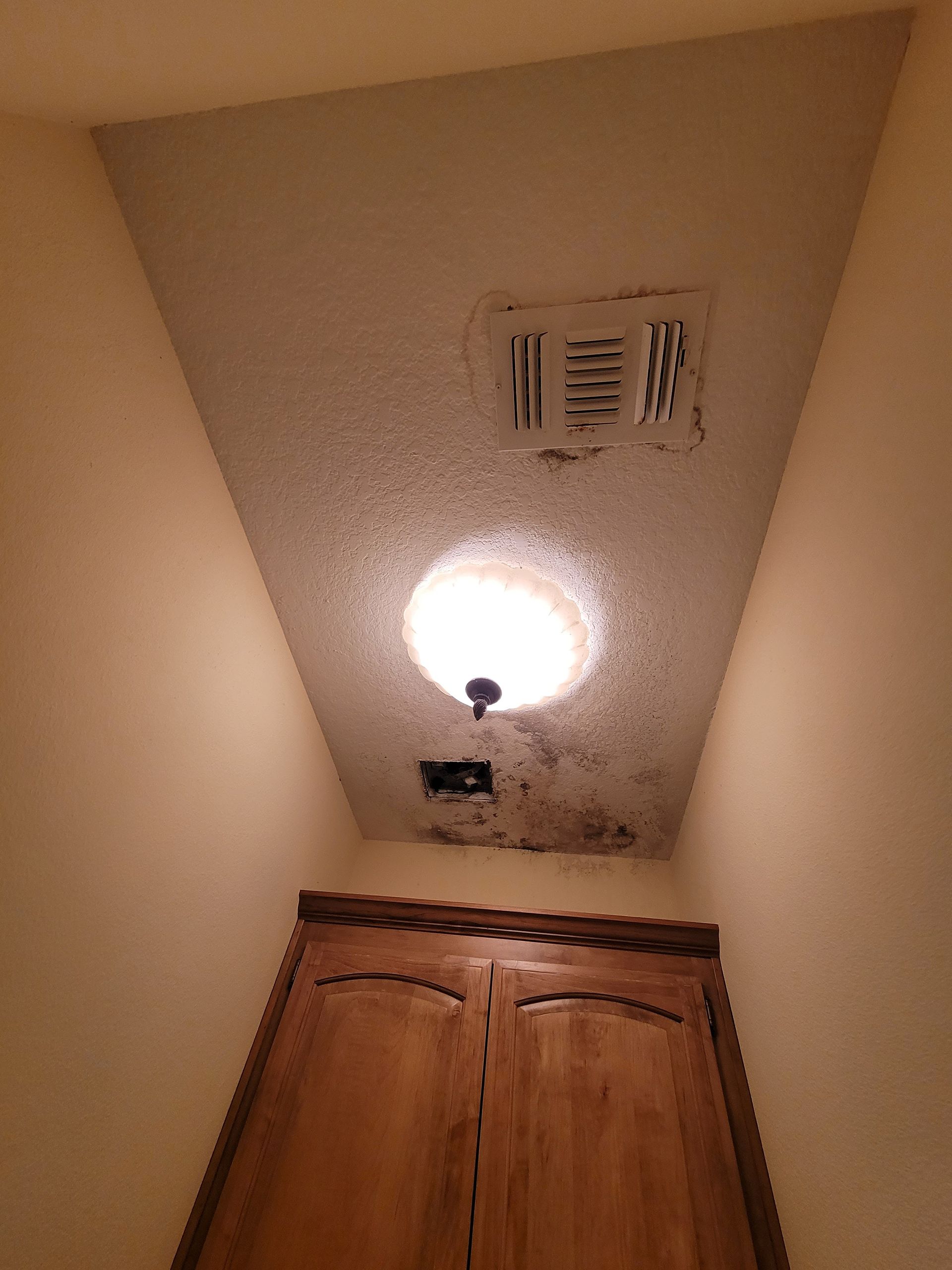 Ceiling light above wooden cabinet in a narrow beige hallway