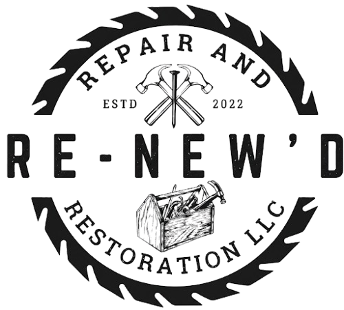 Circular black-and-white logo for Re-New’d Restoration LLC with saw blade border and repair tools