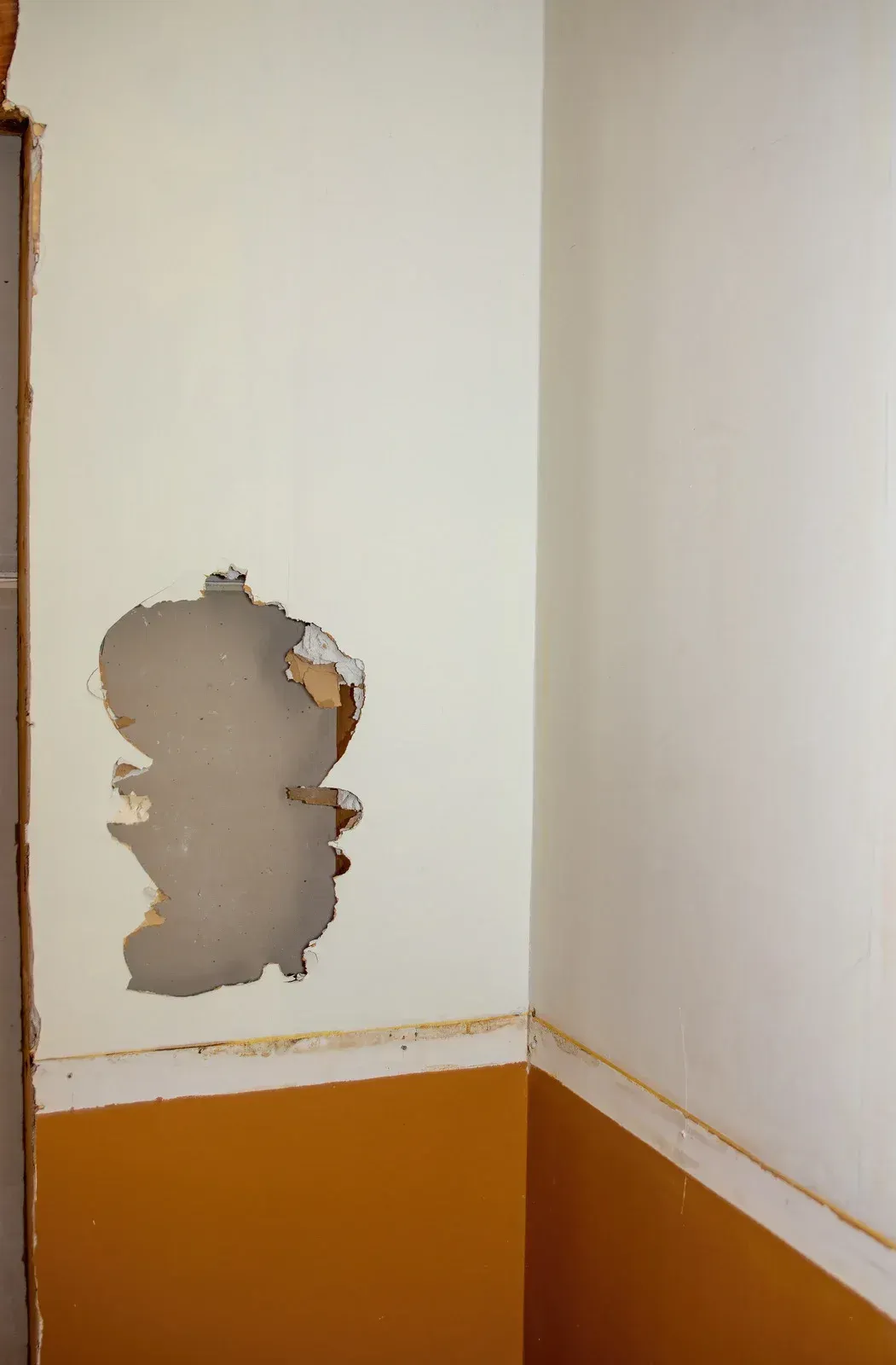 White coffered ceiling under construction in a bright hallway with blue-taped window trim