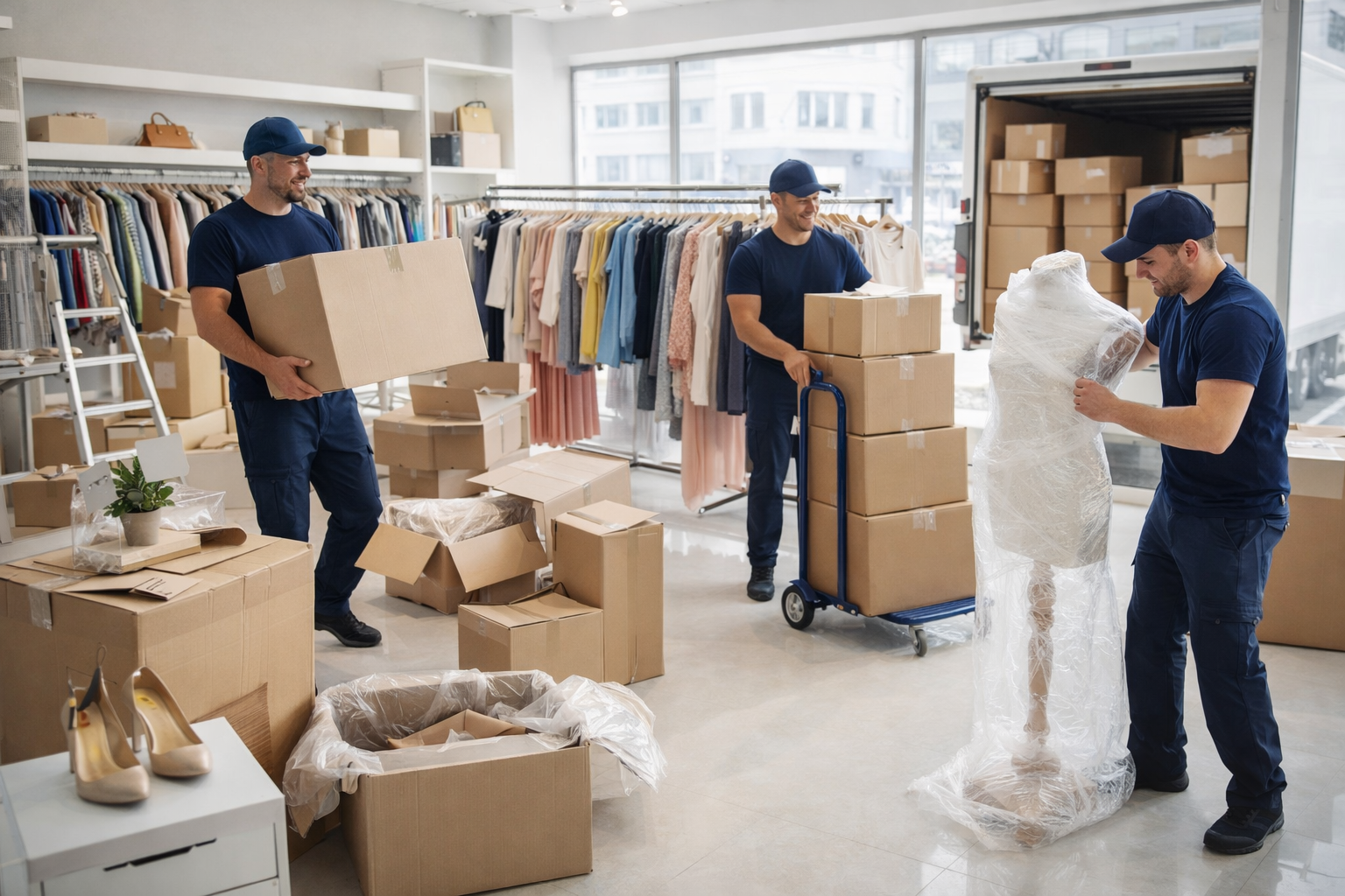 Tre traslocatori in uniforme blu imballano e caricano scatole e un manichino in un negozio di abbigliamento.
