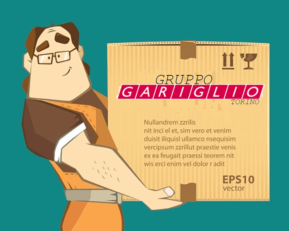 Un personaggio con una camicia da lavoro arancione tiene in mano una scatola di cartone con la scritta 