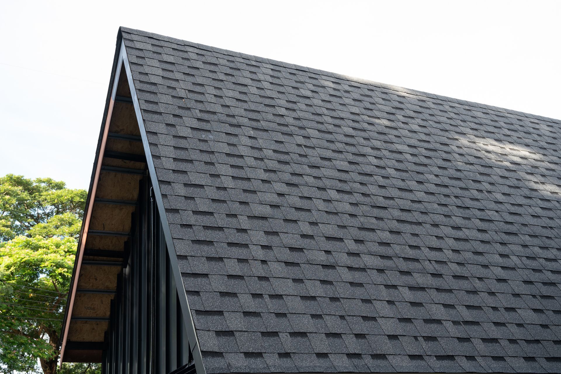 A fixed asphalt shingle roof.