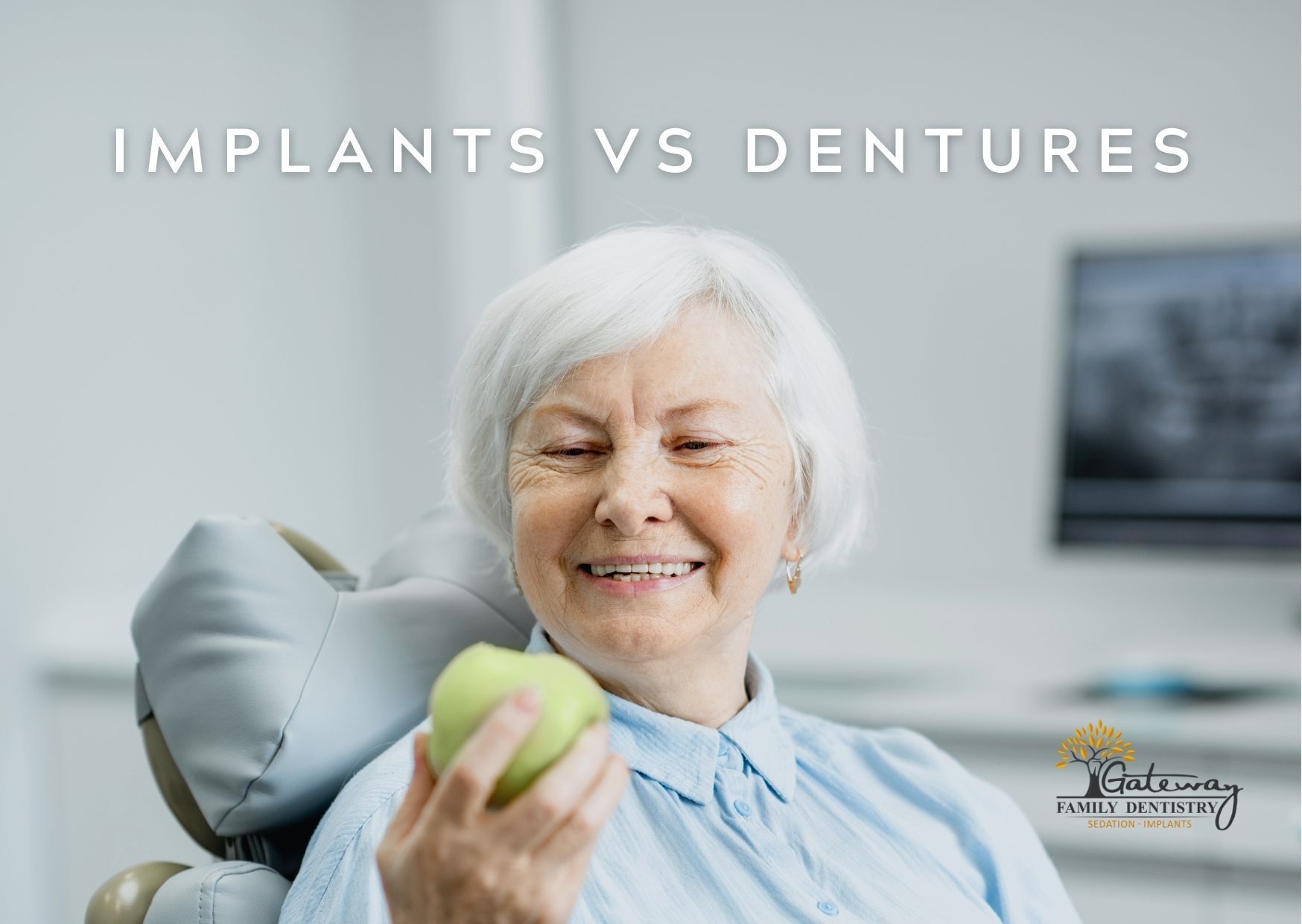 woman with dentures holding up apple