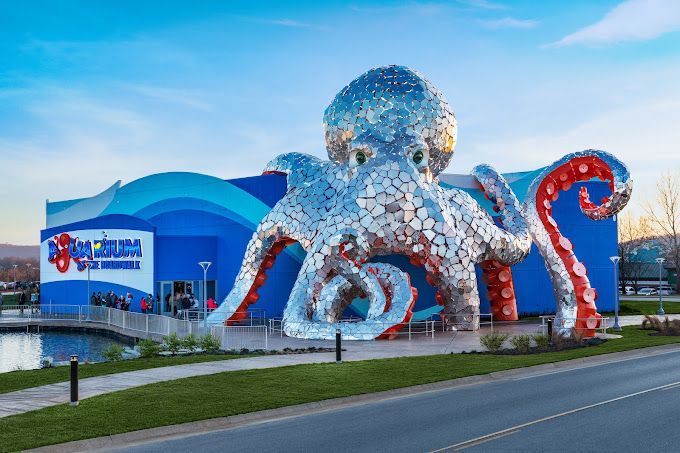 A large octopus statue is in front of a blue building.