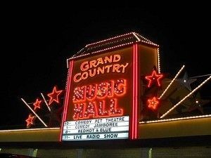 The grand country music hall is lit up at night