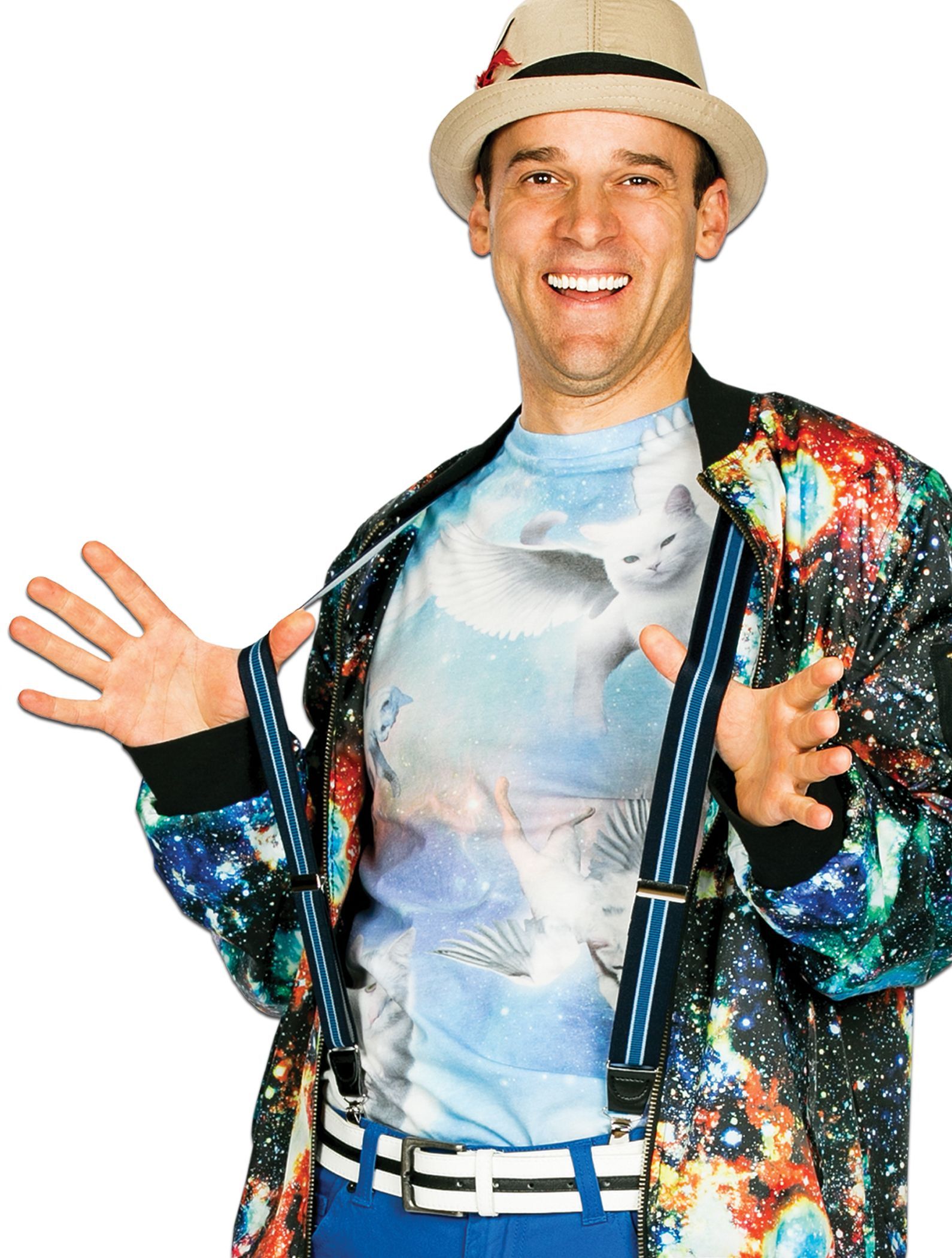 A man wearing a hat and a shirt with a cat on it