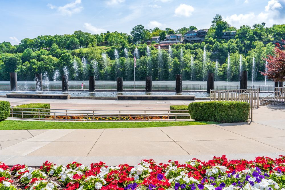 A fountain in a park with flowers in the foreground.