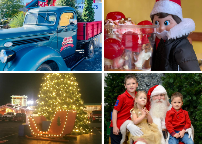 A collage of four pictures shows a truck a christmas tree and a santa claus doll