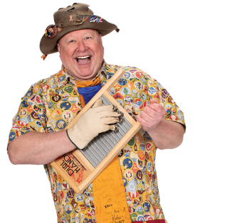 A man wearing a hat and holding a carol hane washboard