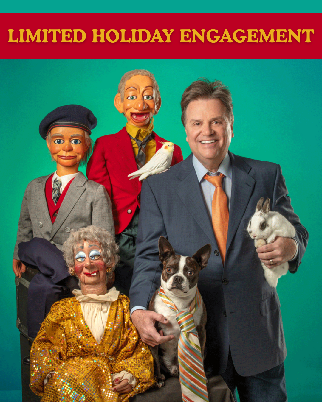 A woman is doing a trick with a dog on her shoulders