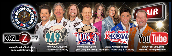 A group of people standing next to each other with logos for various radio stations