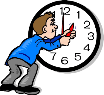 Man struggling to move clock hands forward.