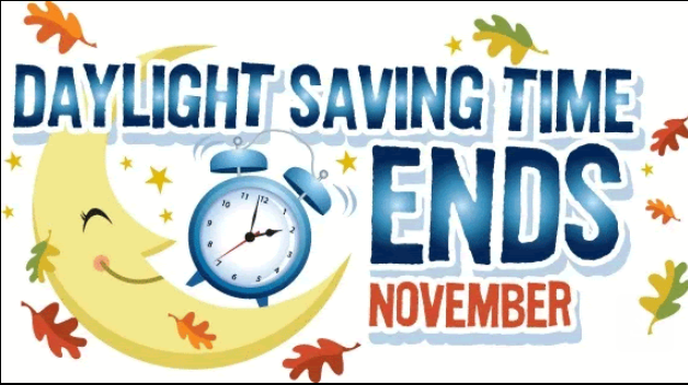 Daylight Saving Time Ends November: A cartoon moon and alarm clock with falling leaves.