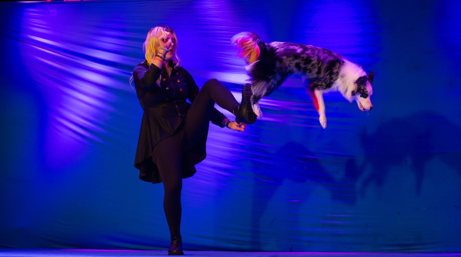 A woman is kicking a dog in the air on a stage.
