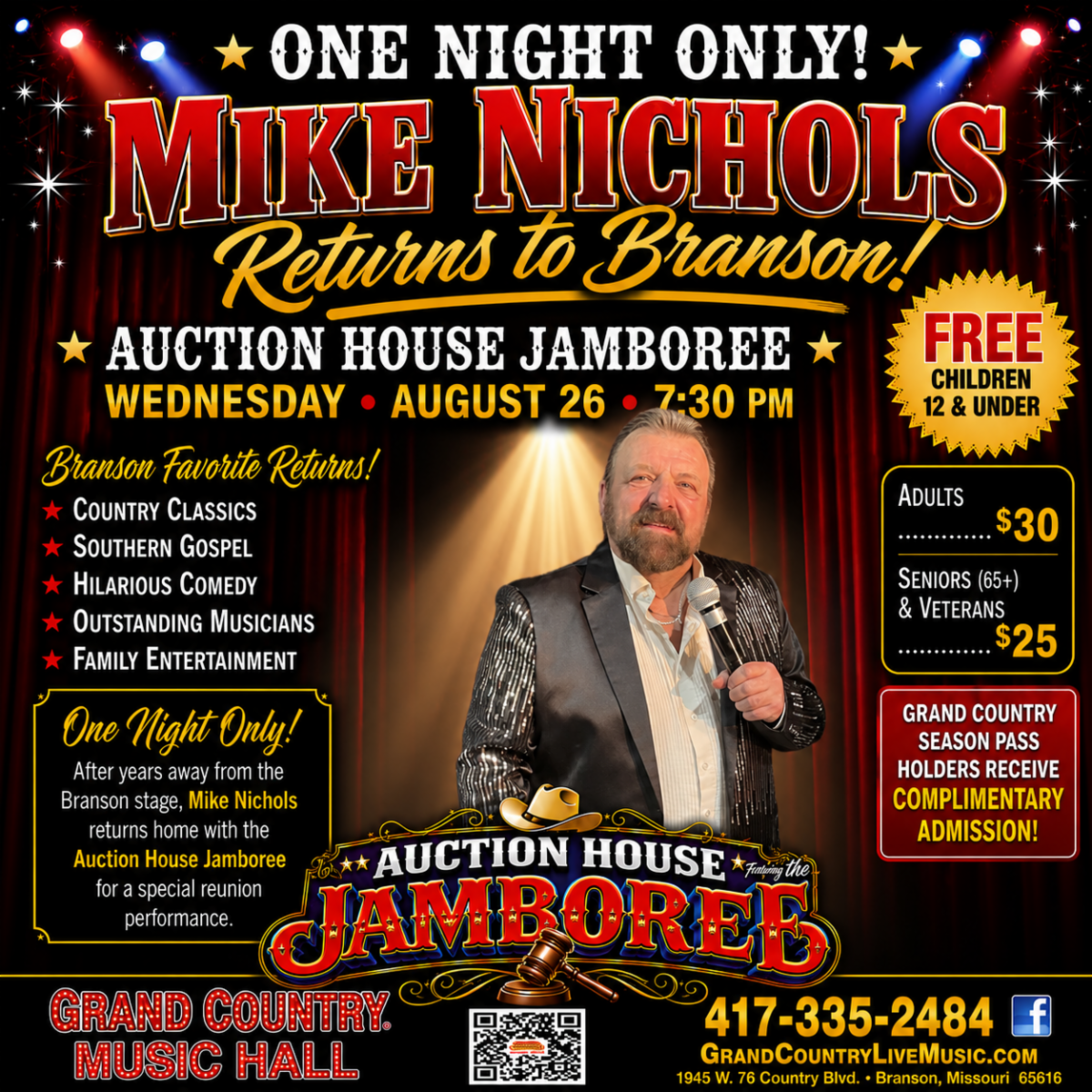 Four performers in western attire promote a country music show in Branson, Missouri, featuring the title Down Home Country.