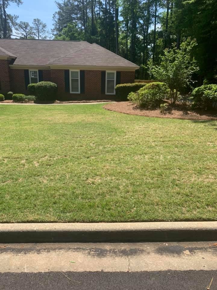 Lawn in front of a brick house, with brown patches of grass and trees in the background.