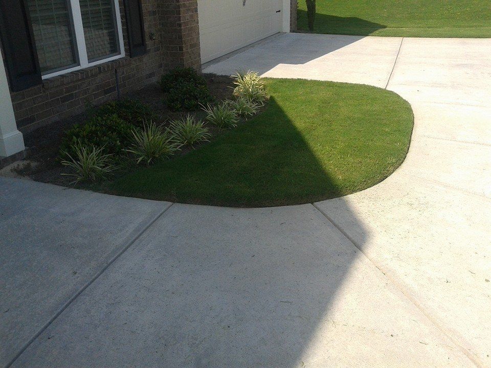 Green grass and plants in a curved flower bed next to a concrete driveway and a building with a window.