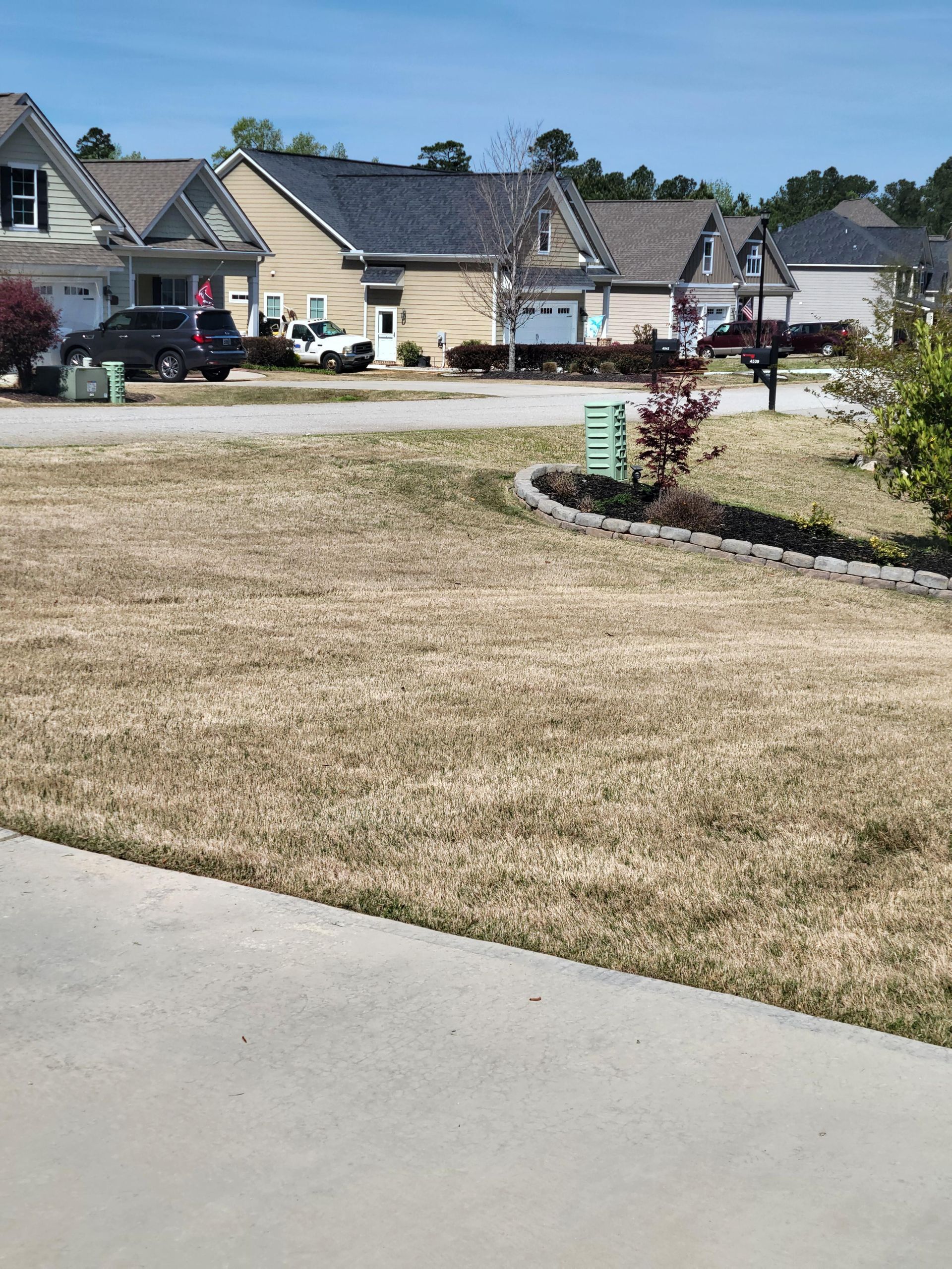 Residential street with houses and dry grass under a blue sky.