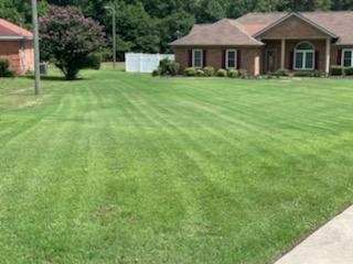 Lush green lawn in front of a brick house with dark shutters.