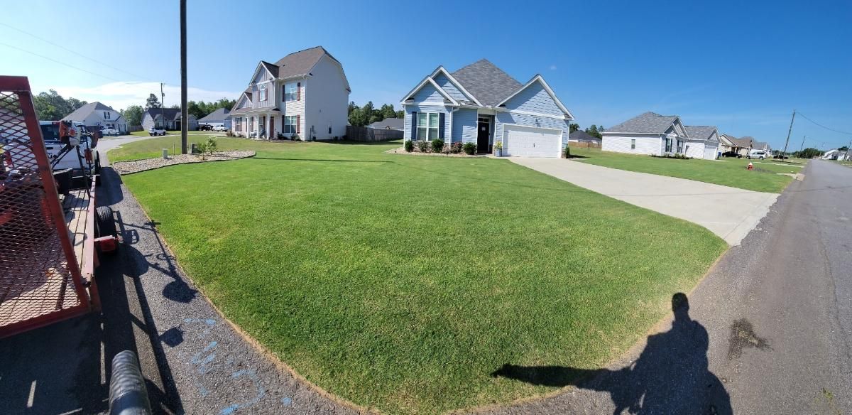 Suburban scene: houses with green lawns on a sunny day, shadow of a person on the street.