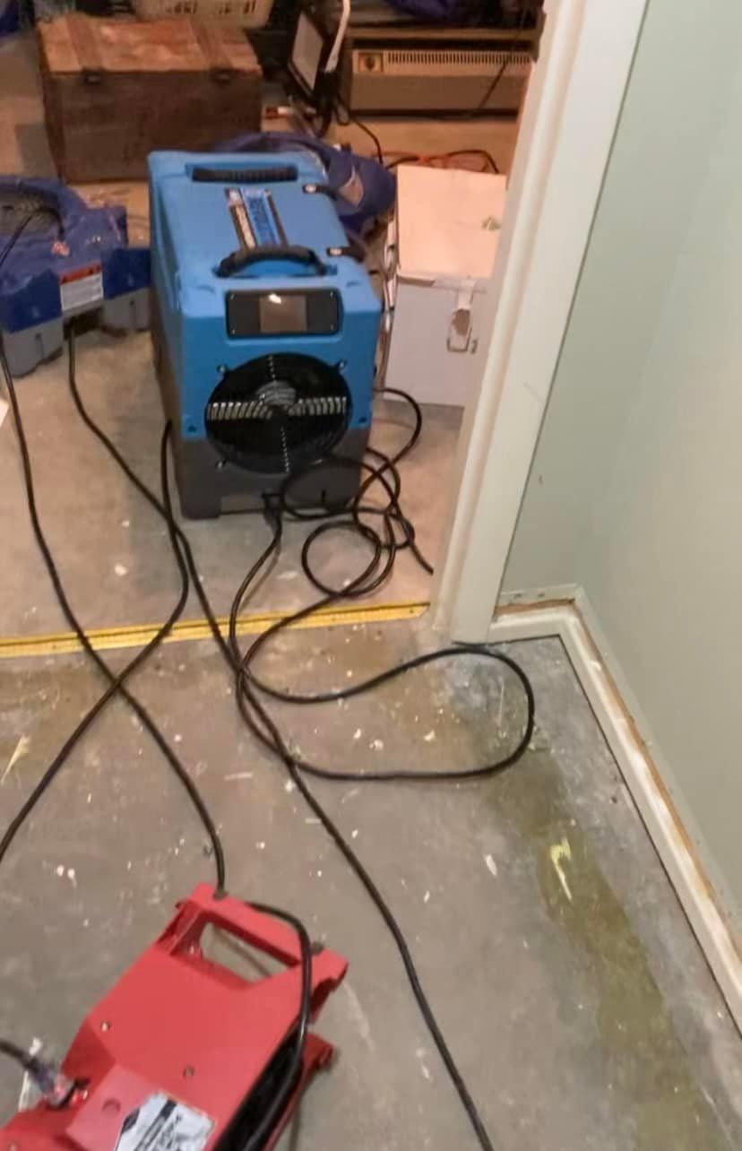 Blue dehumidifier and red floor fan in a damp room, likely after flooding.