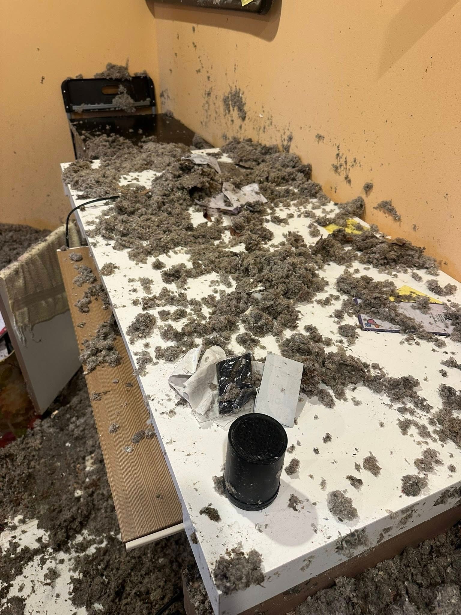 White desk covered in gray debris; a cluttered room.