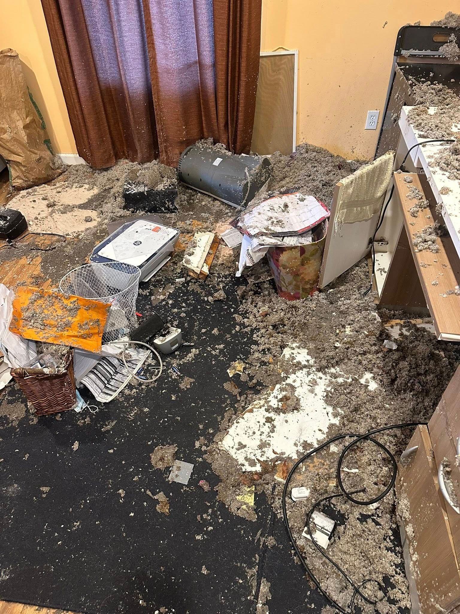 Room in disarray, covered in debris; includes a torn computer monitor, electrical cords, and a window with brown curtains.