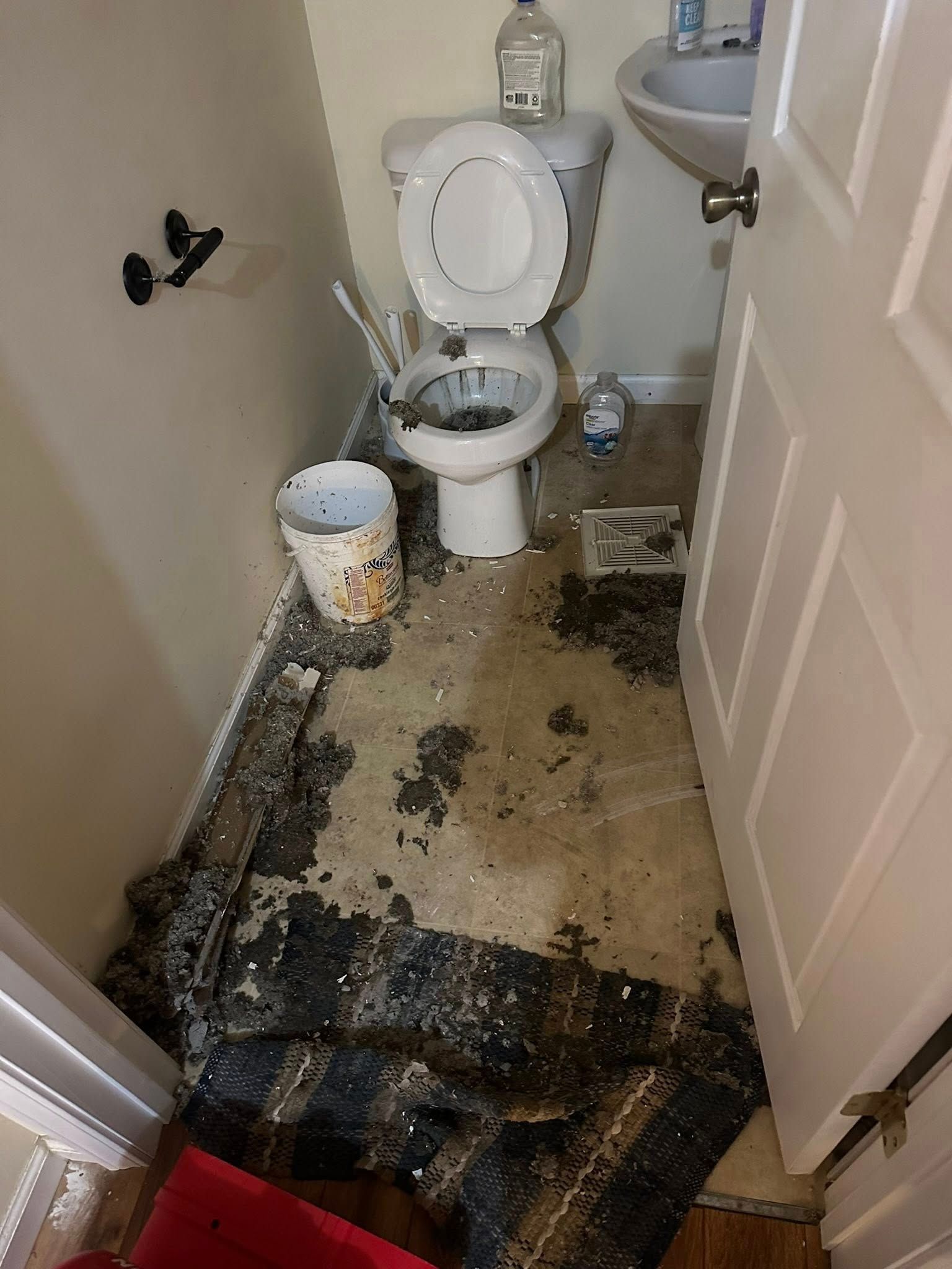 Small bathroom with damaged floor, toilet, sink, and open door.