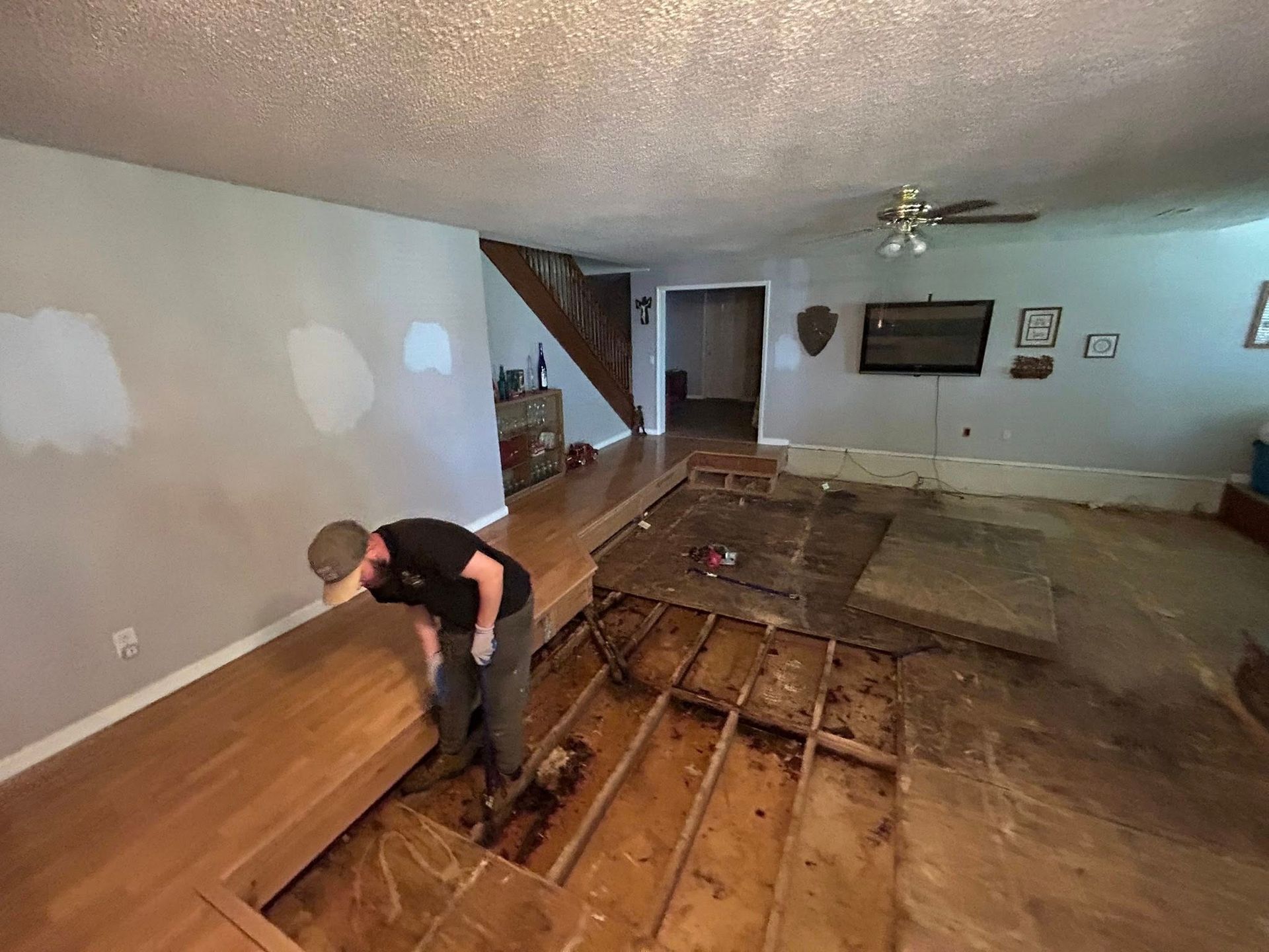 Person removing flooring in a living room. Boards are pulled up exposing the subfloor. Walls are light gray.