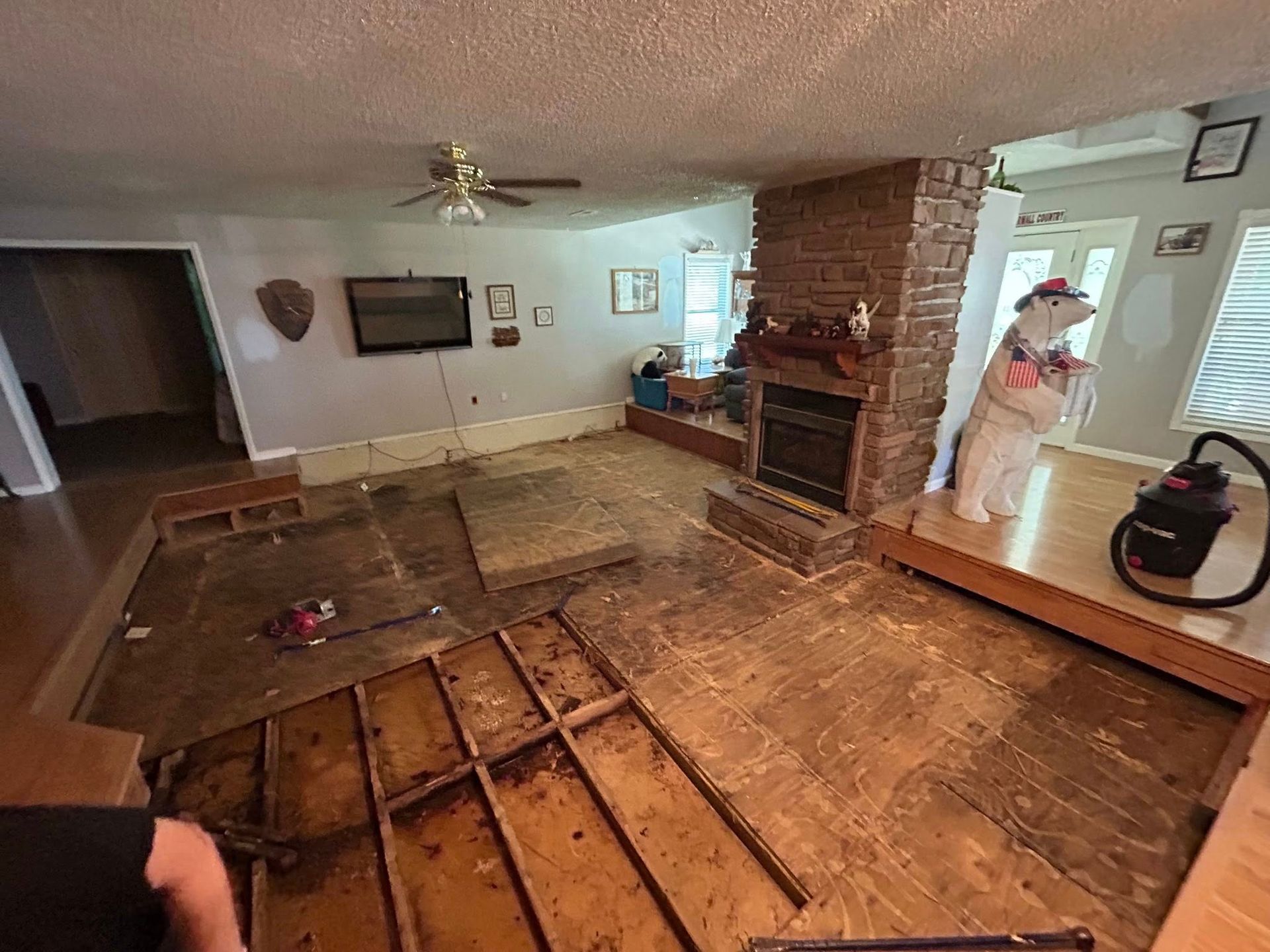 Room undergoing renovation with exposed subfloor. Fireplace, ceiling fan, and decorative dog statue visible.