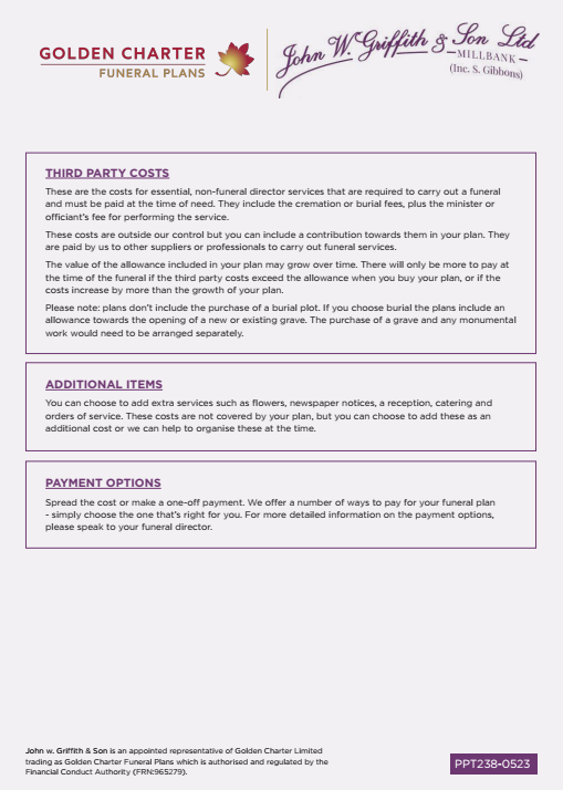 A page of a funeral plan for a golden charter funeral plan.