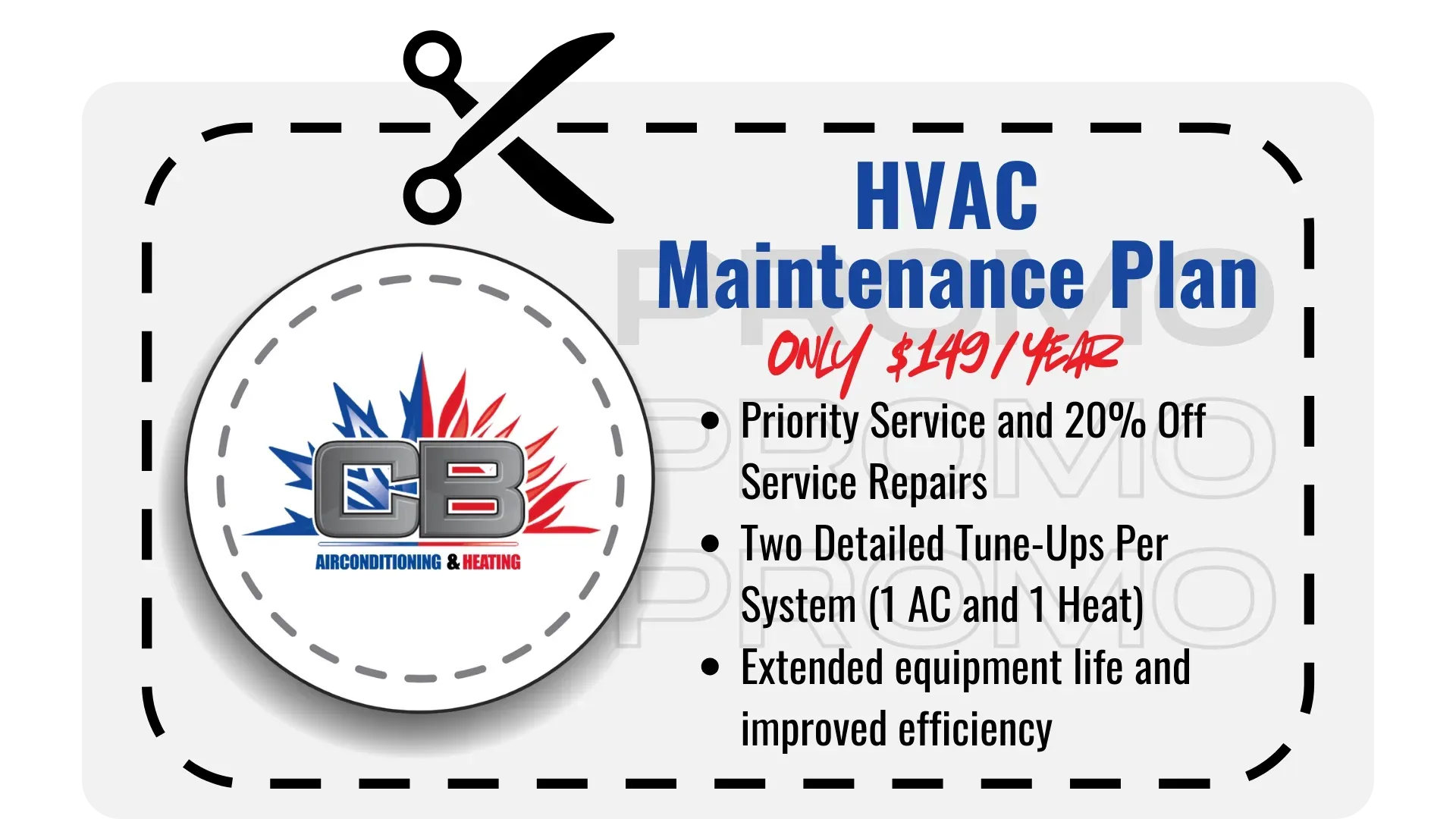 HVAC maintenance plan coupon with scissors. Offers priority service, discounts, tune-ups, and improved efficiency.