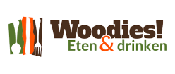 Logo of "Woodies!" restaurant, brown text, green and orange accent colors, with utensil graphic.