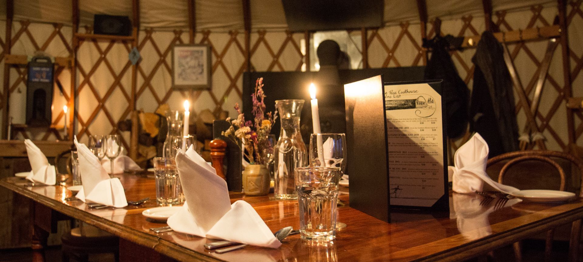 Candlelit table setting at Tennessee Pass Cookhouse