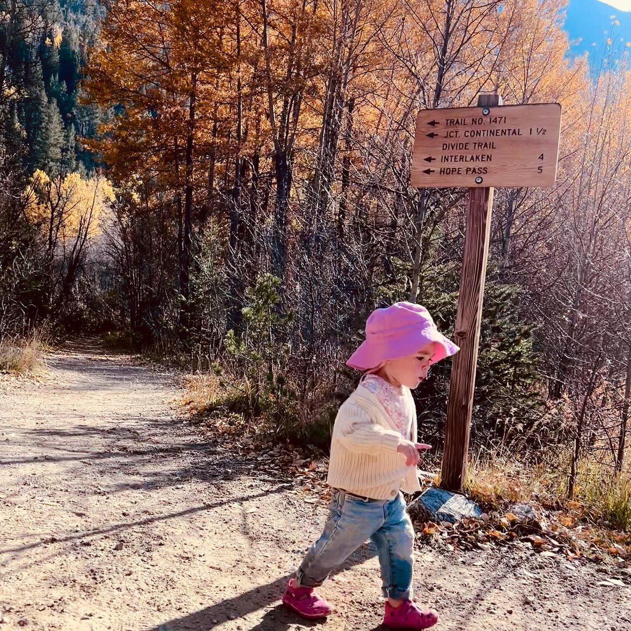 Little girl with pink hat hiking in fall