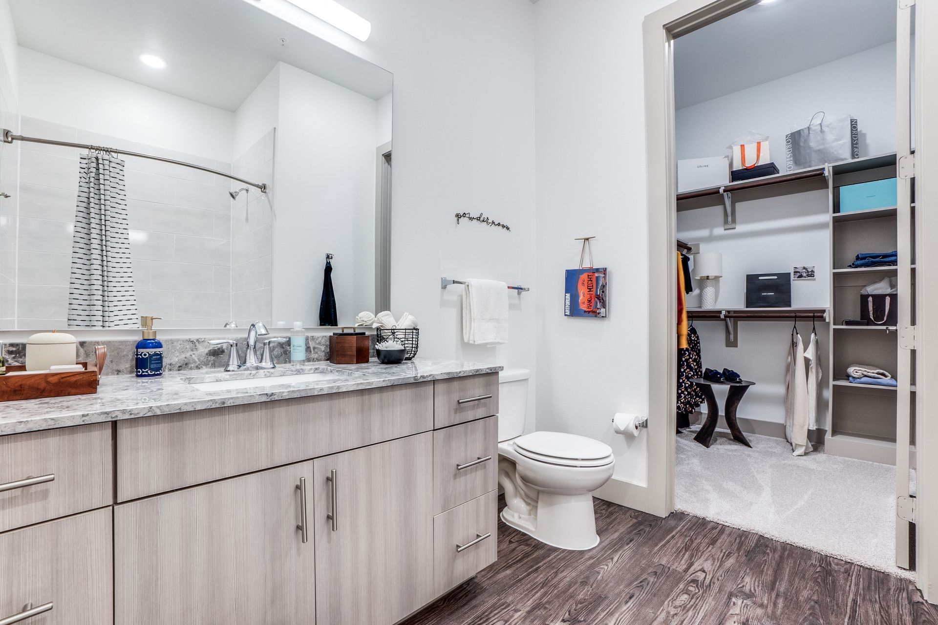 A bathroom with a toilet , sink , mirror and walk in closet.