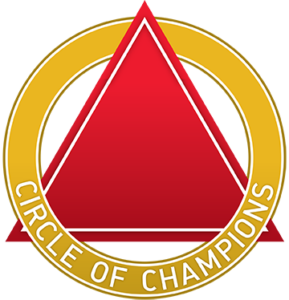 A circle of champions logo with a red triangle in the center