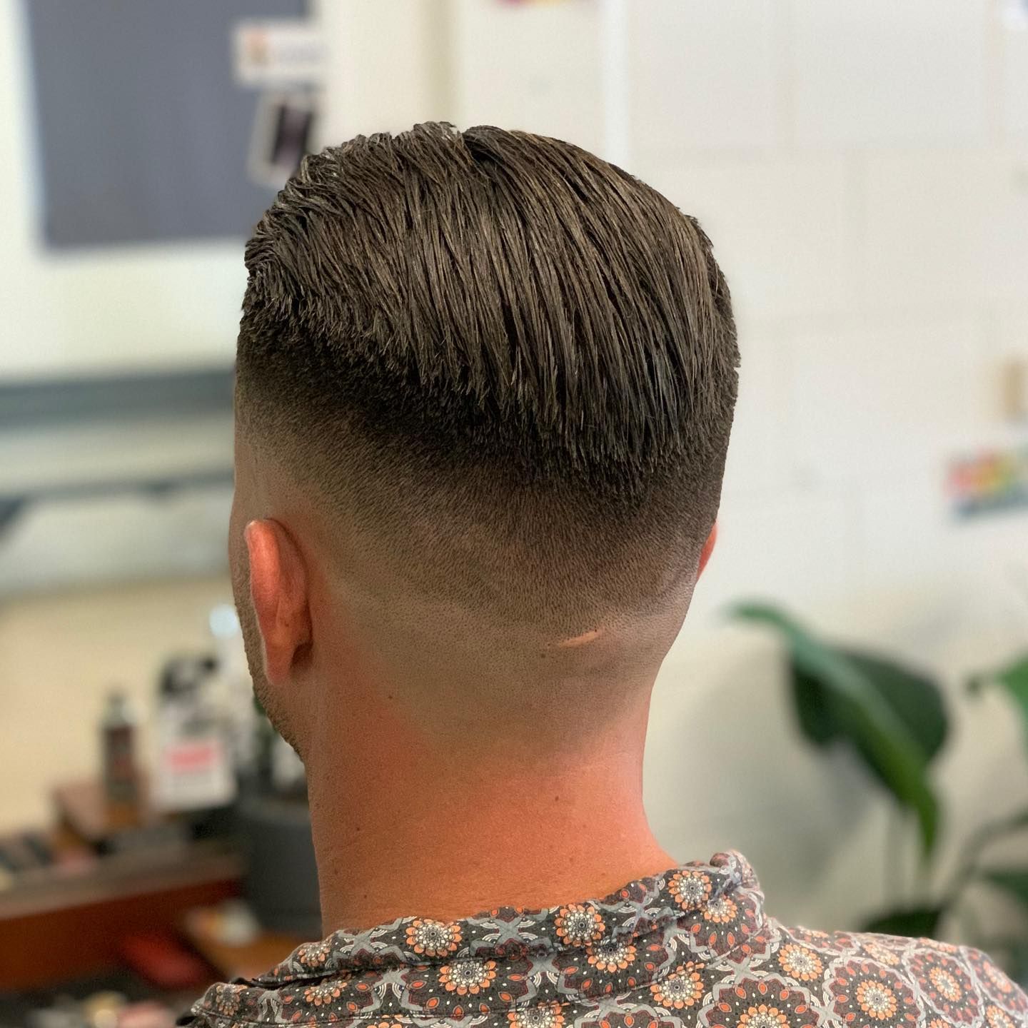 Man With a Faded Haircut, Back View. Skin Fades to Bald, Brown Hair Slicked Back — Eagle Tamer Barbershop in Stratford, QLD