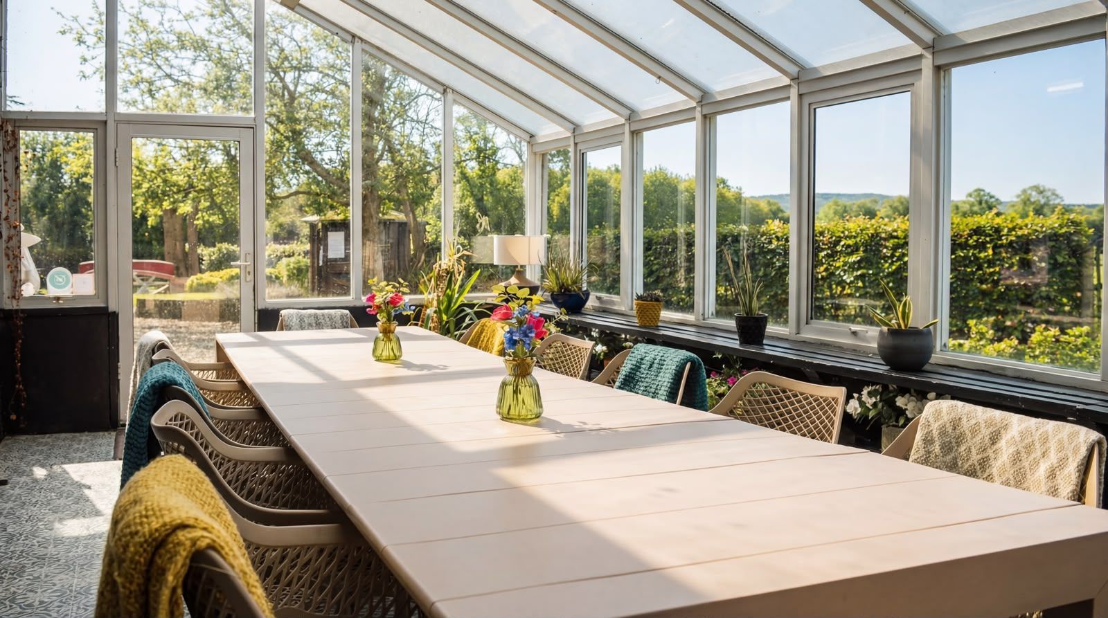 Bright sunroom dining table set with floral arrangements and large windows overlooking a garden