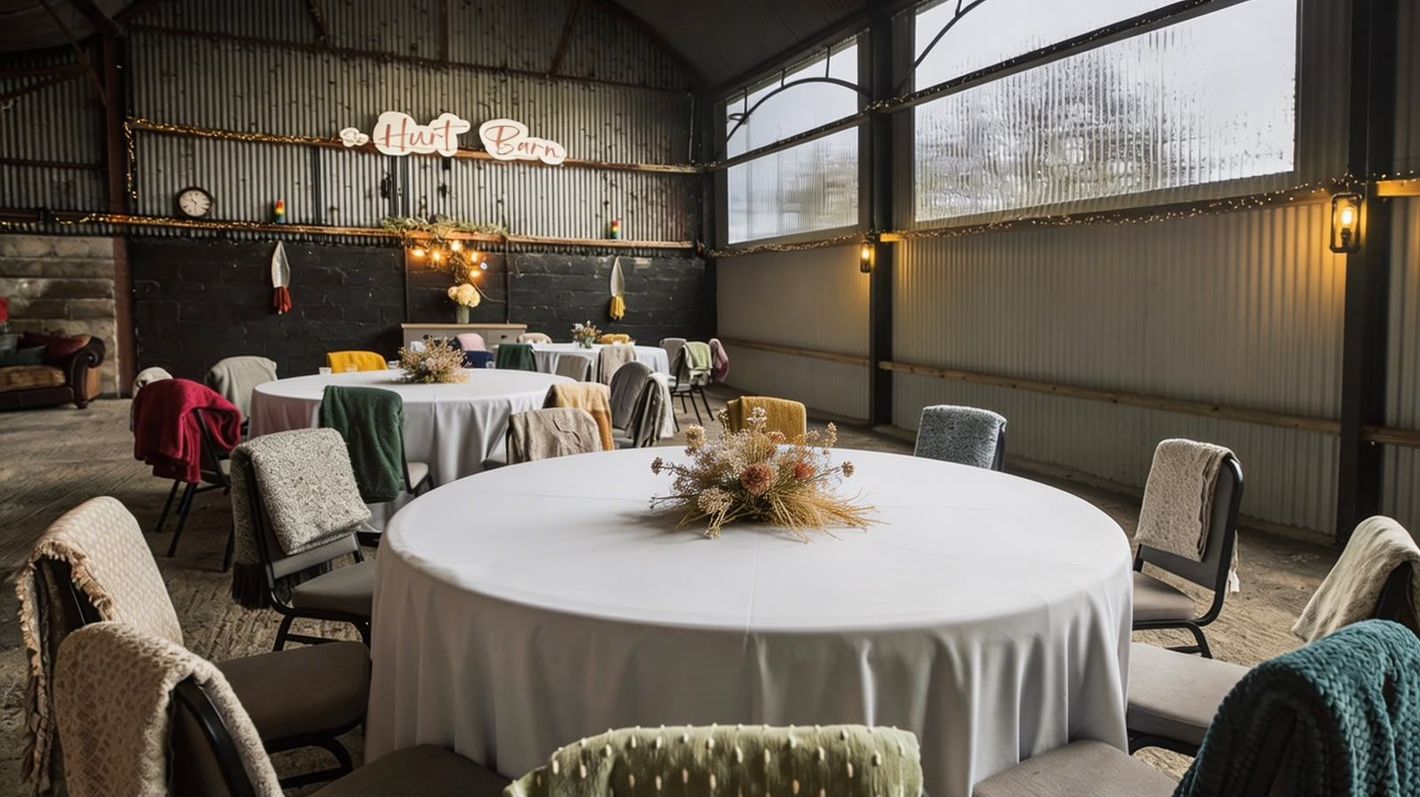 Round tables set for an elegant event inside a rustic barn-style venue