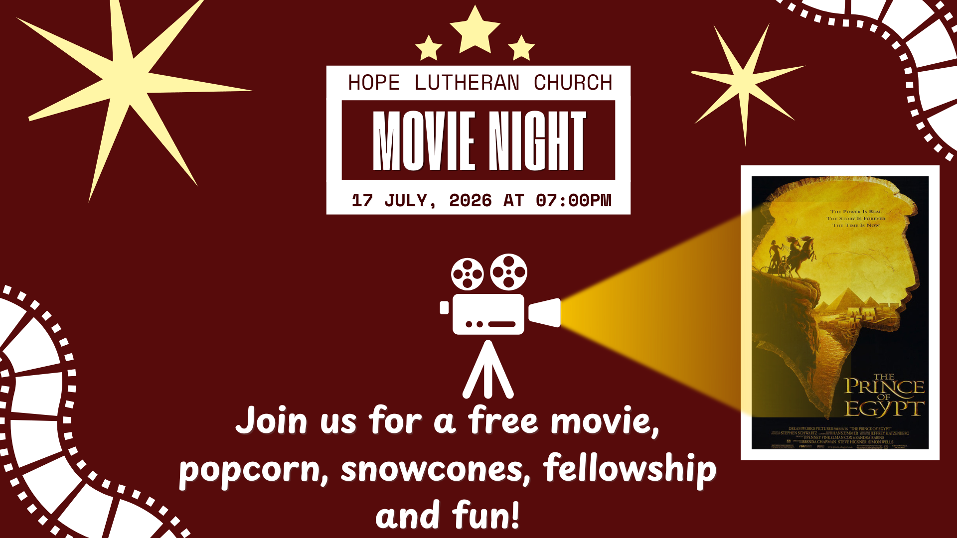 Movie night flyer in maroon and gold, with film reel, popcorn, and text: