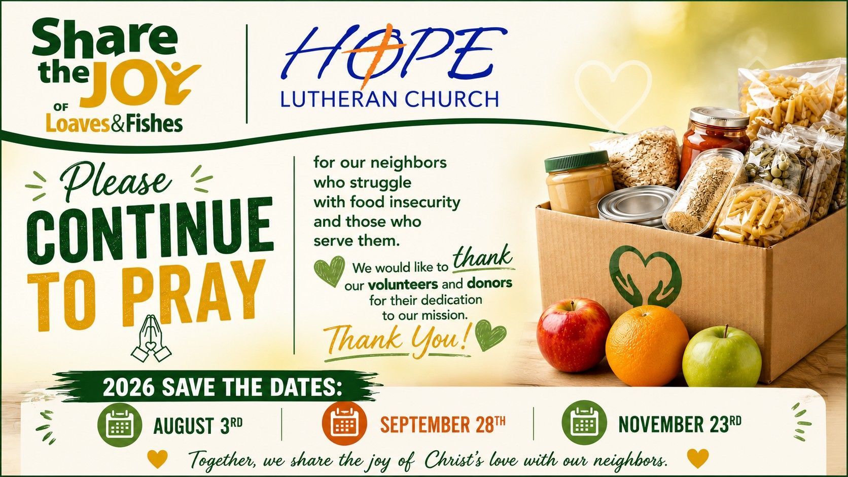 Share the Joy food drive poster from Hope Lutheran Church, asking to continue to pray, with 2026 save-the-date dates.