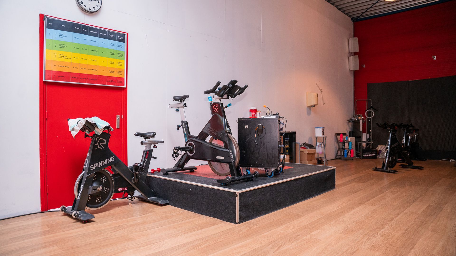 Een groep hometrainers staat op een podium in een sportschool.