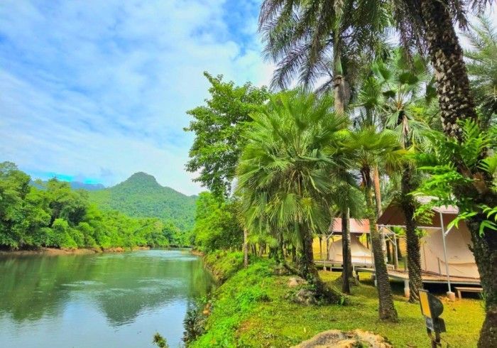 A house sits on the shore of a river surrounded by palm trees