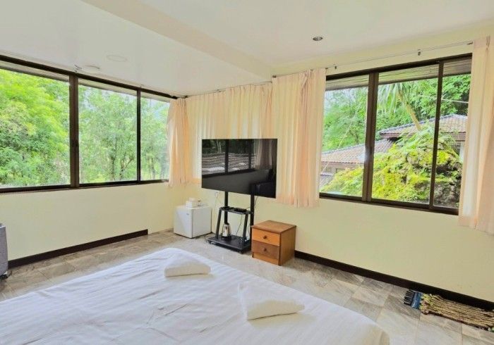 A bedroom with a large bed and a flat screen tv.