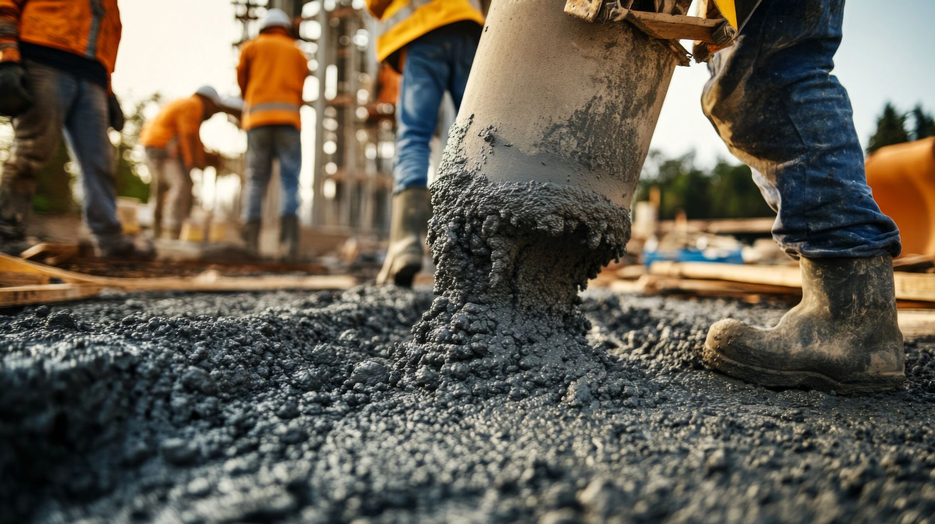 A group of construction workers are pouring concrete on a construction site.