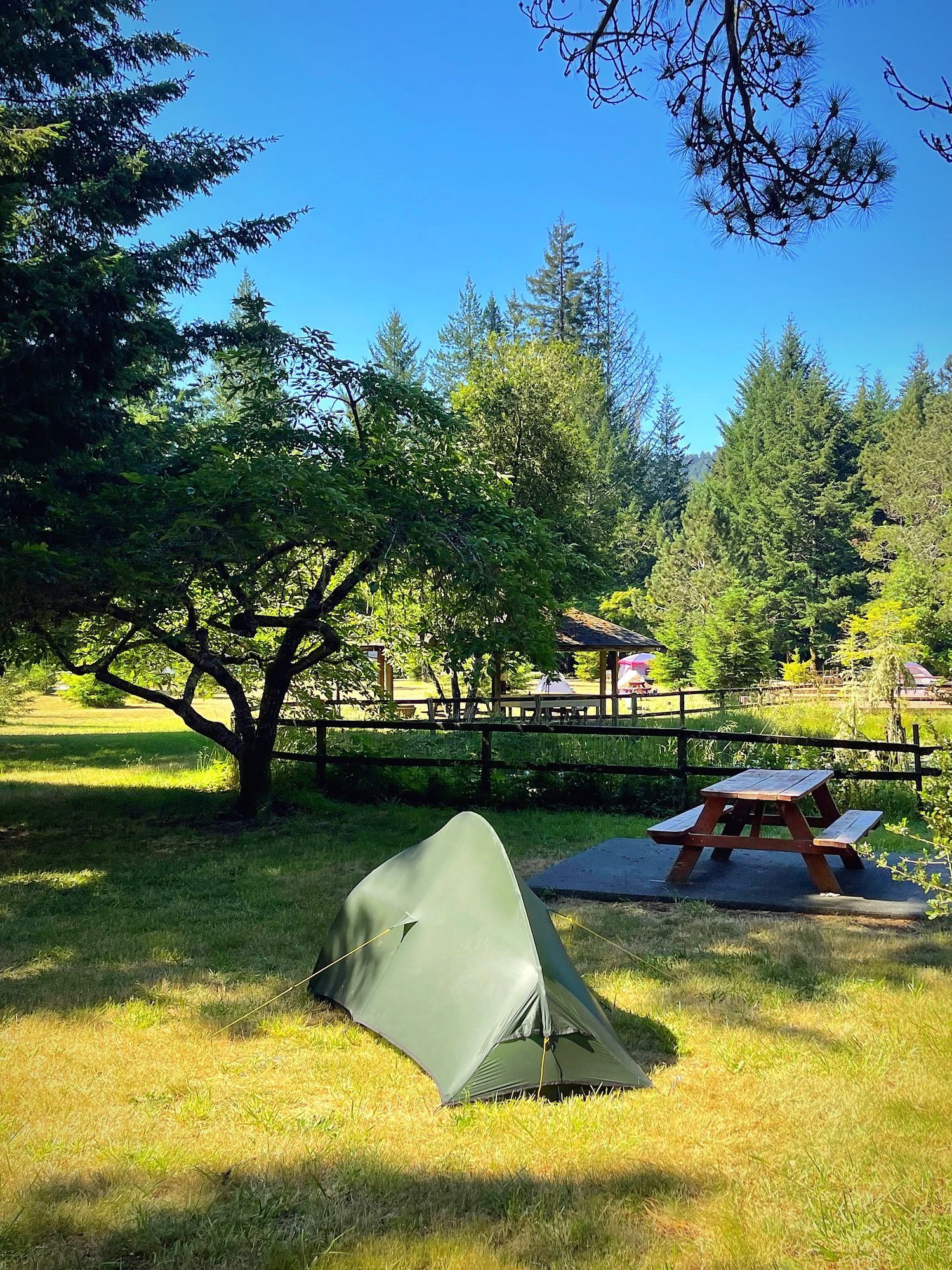 A tent is sitting in the middle of a grassy field next to a picnic table.