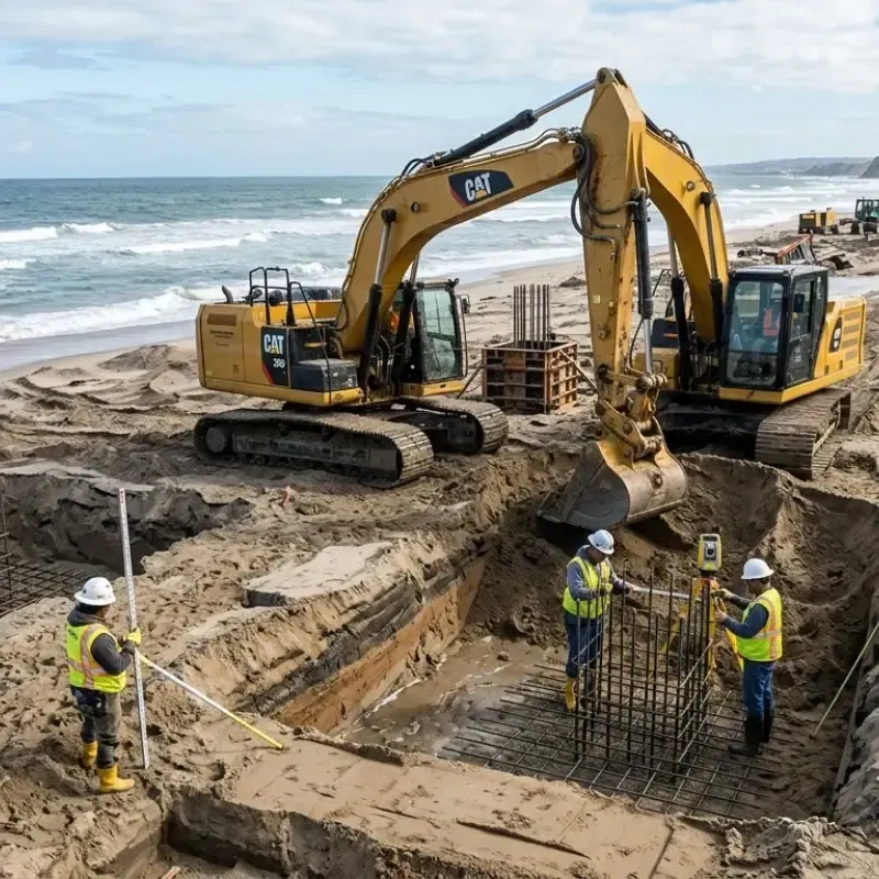 Coastal home foundation excavation in oahu showing precise footings and alignment for stability against shifting soil, strong winds, and salt exposure.