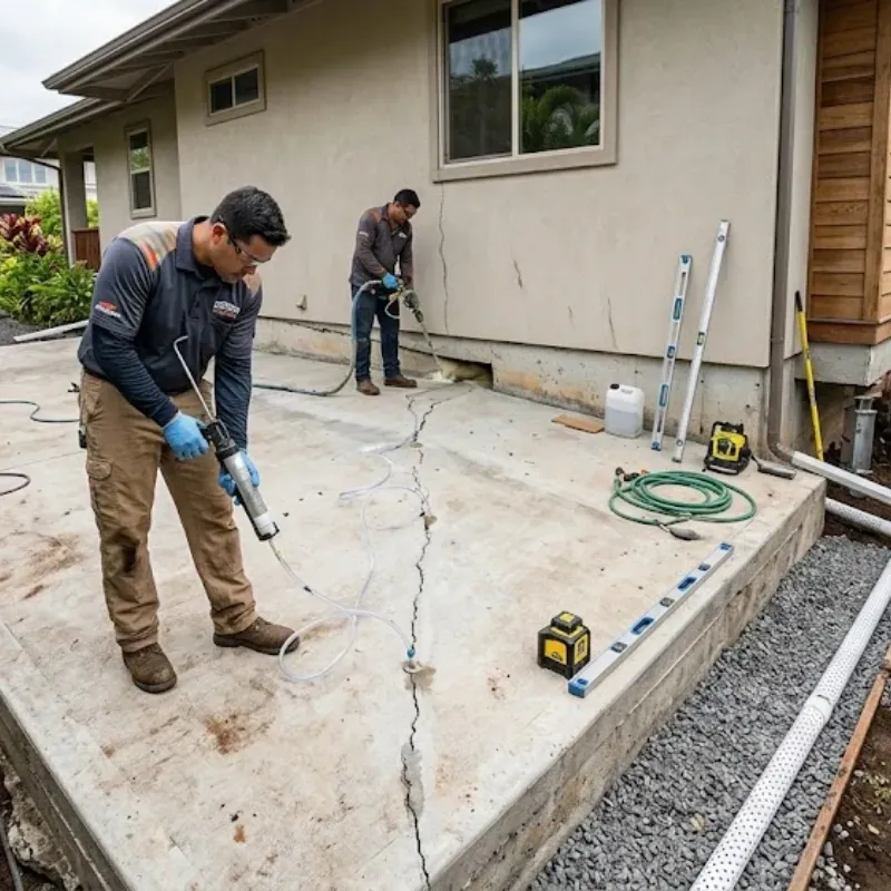 Concrete foundation crack repair in Hawaii using epoxy injection to seal hairline cracks and restore watertight integrity in residential slab foundation